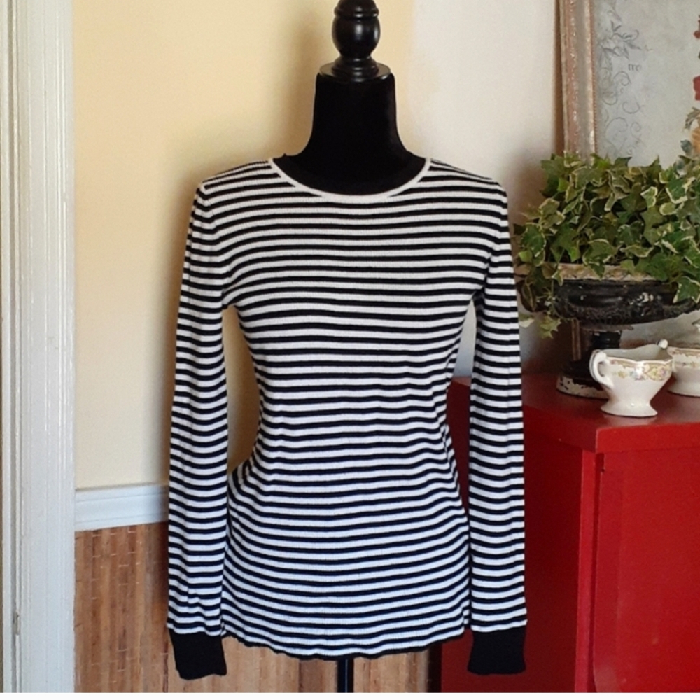 Michael Kors Black and White Striped Long Sleeve Top